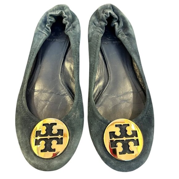 Tory Burch Ballet Flats Reva Women's Navy Suede Gold Logo Medallion Size 7.5 - Picture 3 of 6